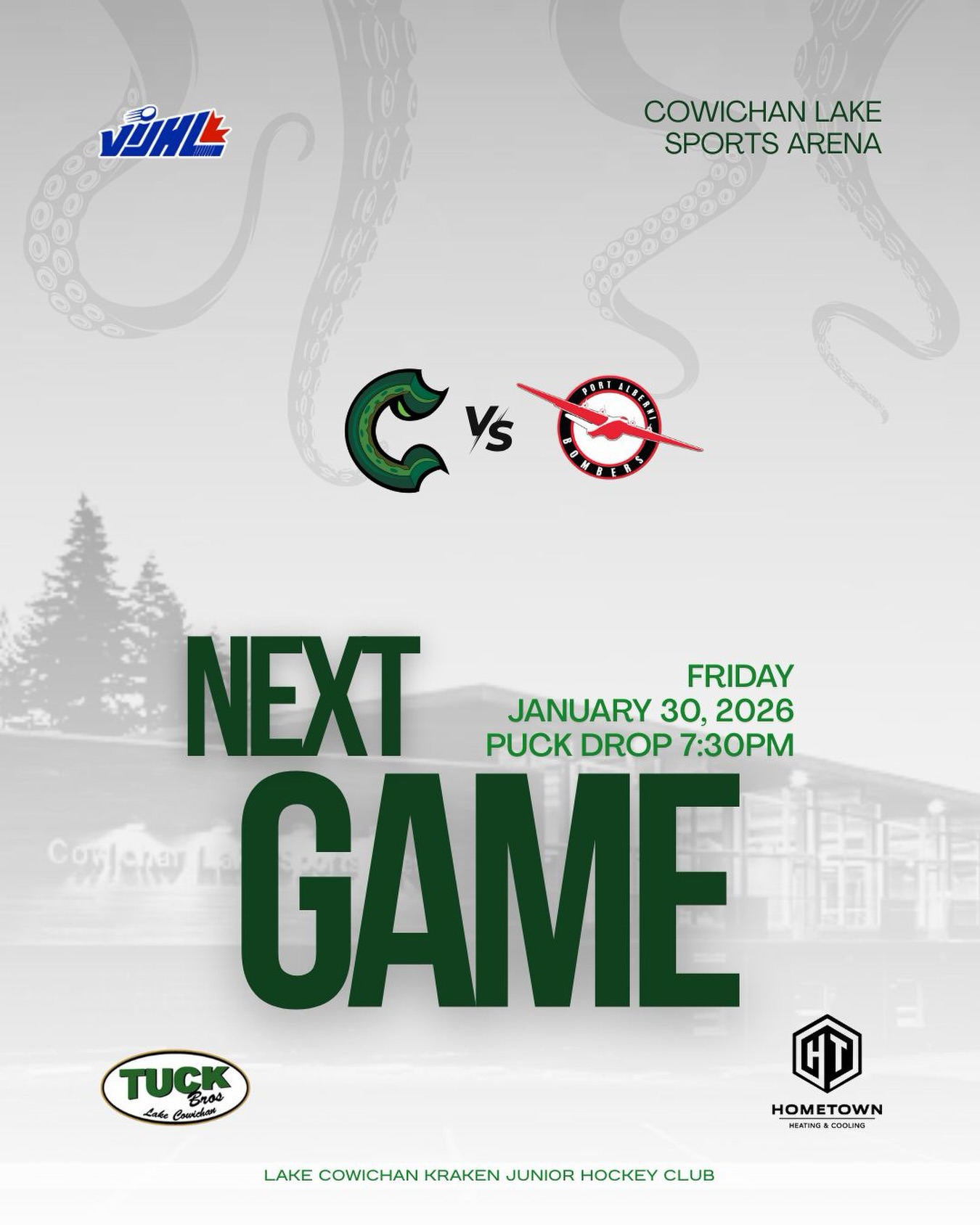 We host the Bombers at home, tomorrow evening at 7:30pm!

See you there 🏒

#LakeCowichanKraken #VIJHL #HockeyAtTheLake